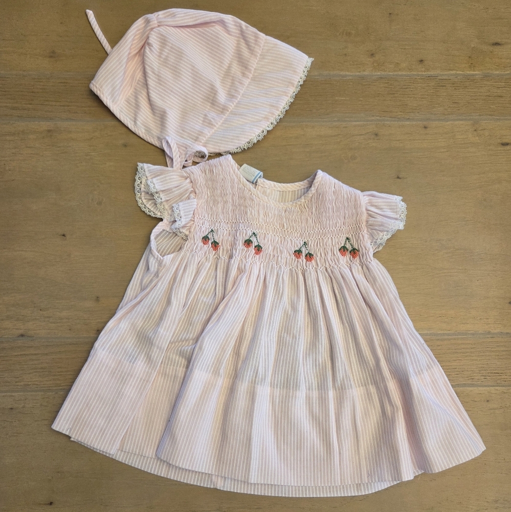 Vintage Smocked Pink Striped Dress With Embroidered Strawberries